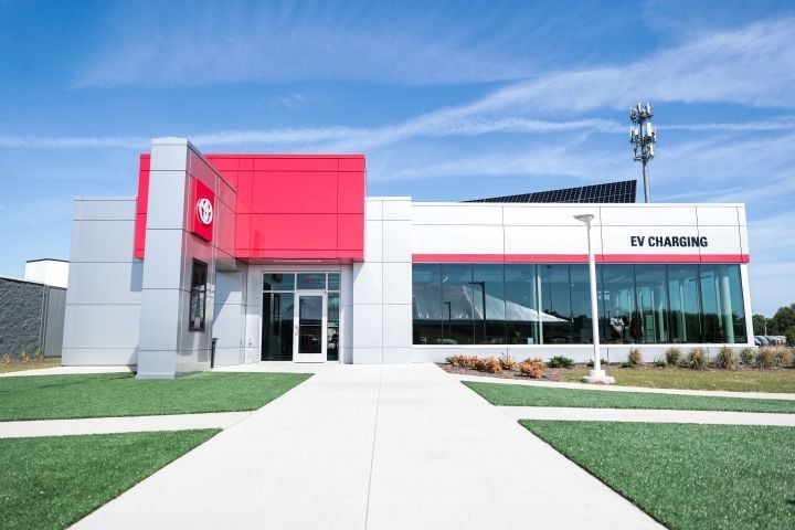 The Electri-CITY Park at Chuck Hutton Toyota, once its second phase is completed, will include EV charging stations, a dog park, modern restrooms, TVs, lounge areas, work cubicles, and a...