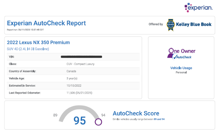 AutoCheck report for 2022 Lexus NX 350 showing 95 score, one owner, and vehicle history details.